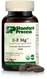 Image of E-Z Mg bottle next to tablets of magnesium supplements.