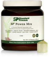 Tub of SP Power Mix next to a scoop of the green powder.