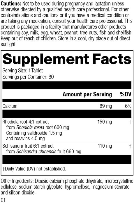 L1800 Rhodiola Schisandra R01 Supplement Facts Label