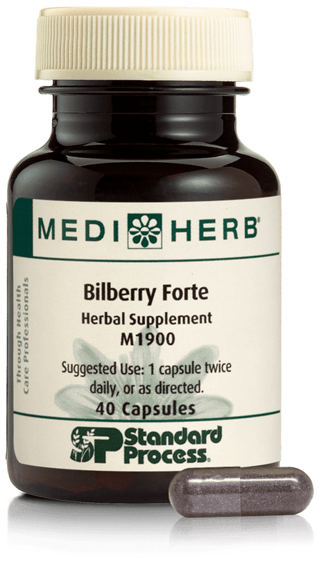 An image of herbal supplement Bilberry Forte next to a capsule.