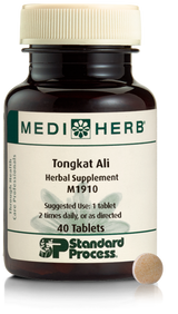 A bottle of MediHerb® Tongkat Ali, a testosterone support supplement for older men, next to a tablet of the supplement.