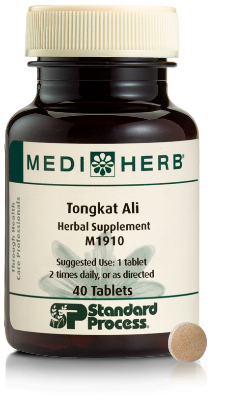 A bottle of MediHerb® Tongkat Ali, a testosterone support supplement for older men, next to a tablet of the supplement.