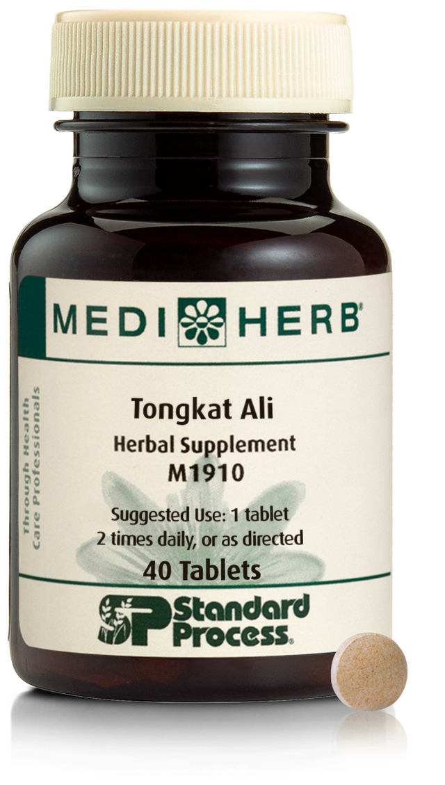 A bottle of MediHerb® Tongkat Ali, a testosterone support supplement for older men, next to a tablet of the supplement.